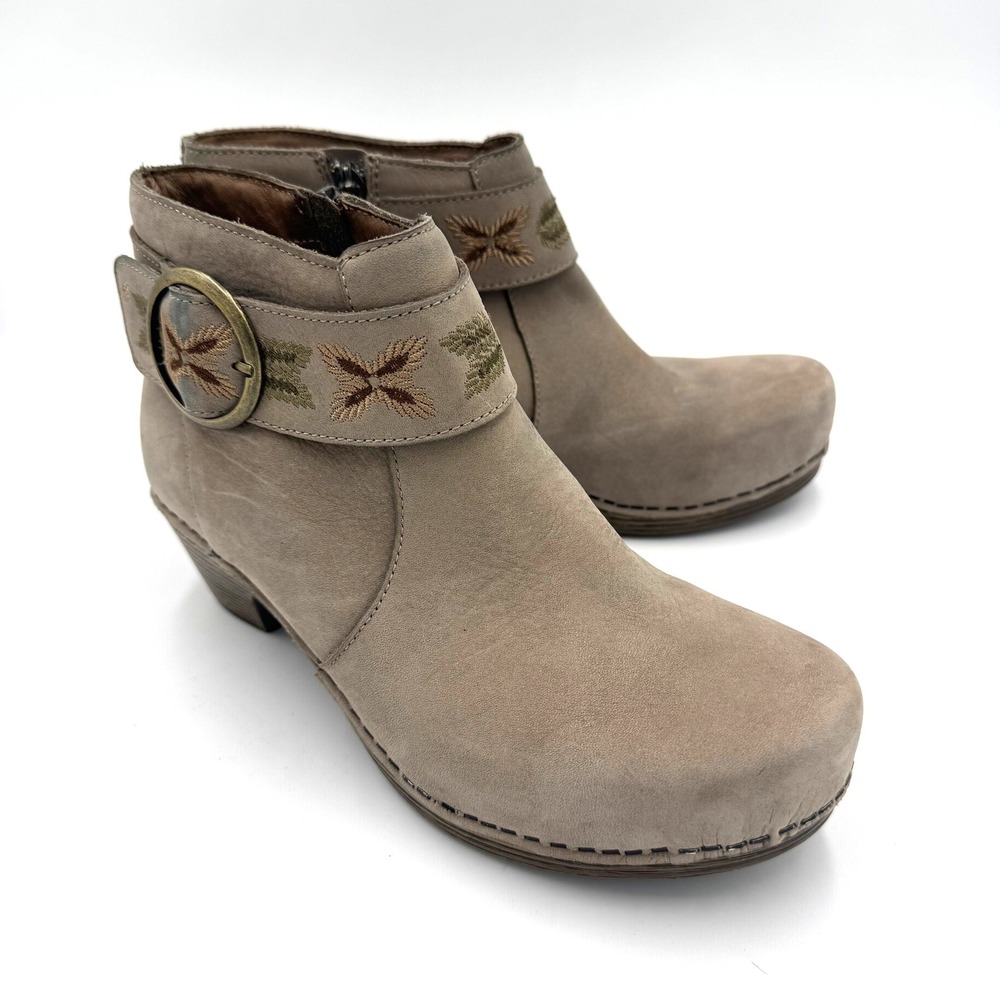 Dansko Taupe Leather Embroidered Ankle Boots Buckle Block Heel Size 38